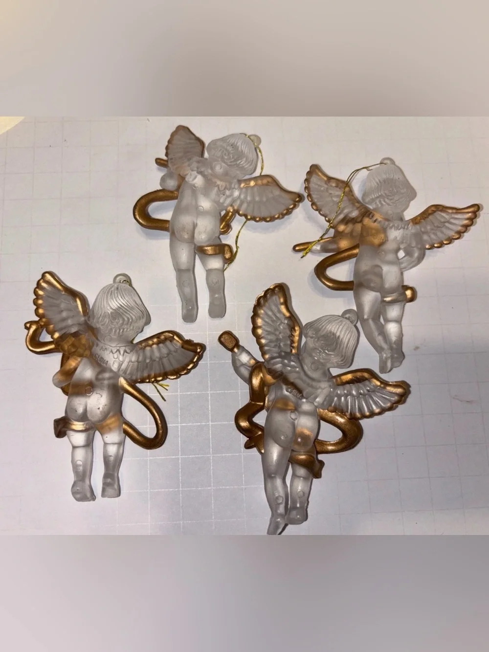 4 Vintage Christmas Ornaments Angels W/ Musical Instruments Cherubs Acrylic